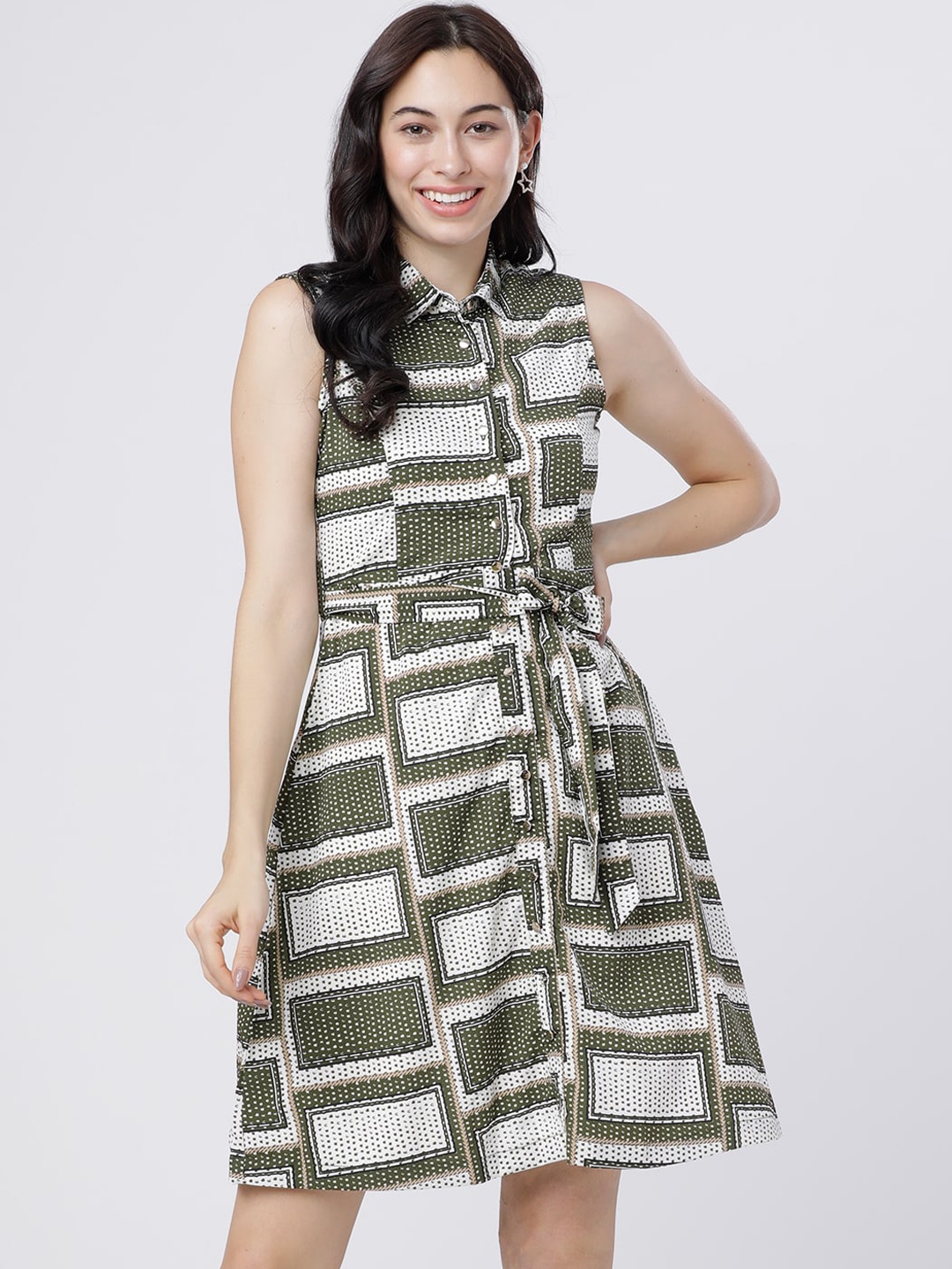 

Tokyo Talkies Women Olive Green & White Printed Shirt Dress