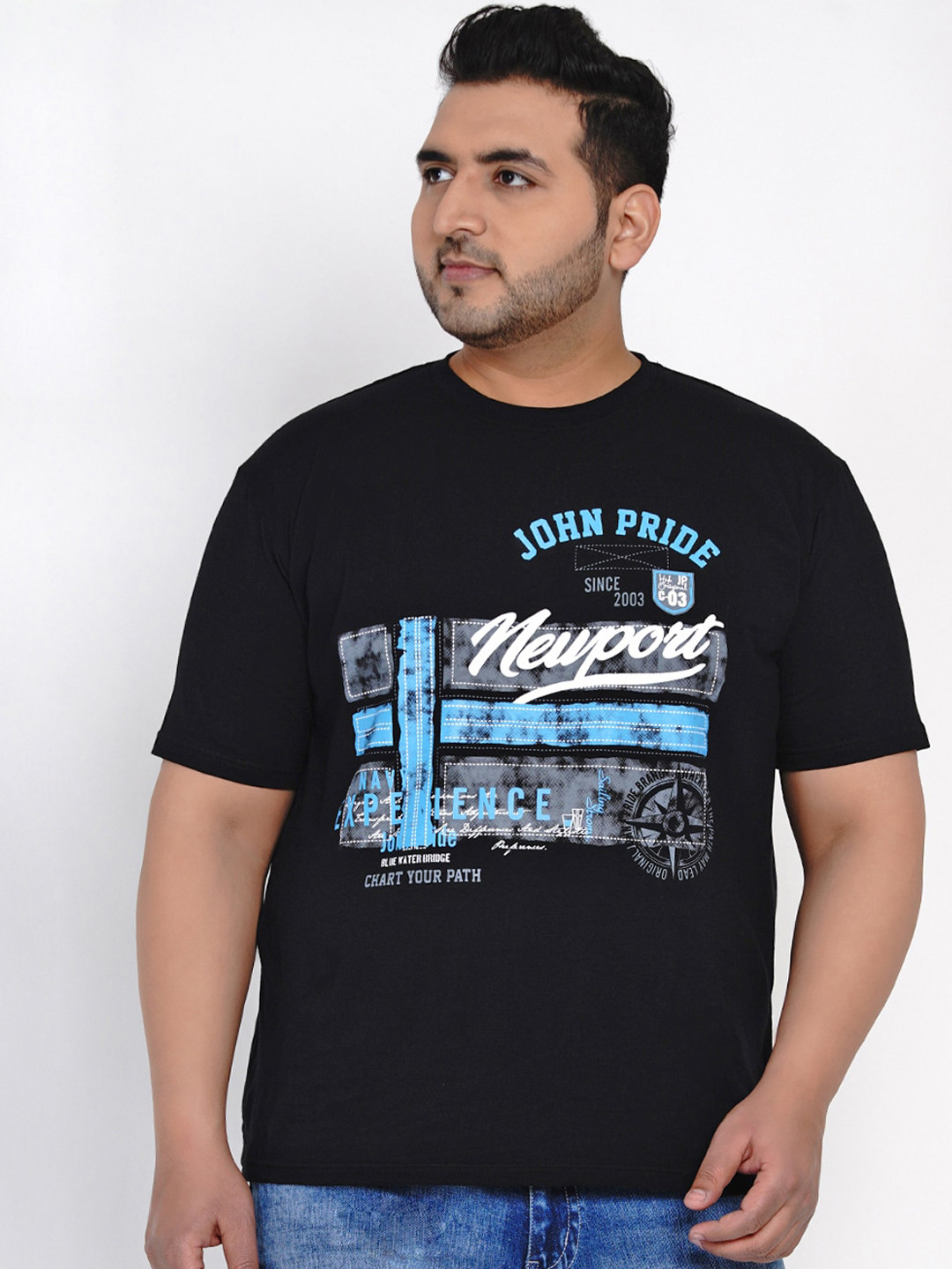 

John Pride Men BlackvPrinted Round Plus Size Neck T-shirt, Black