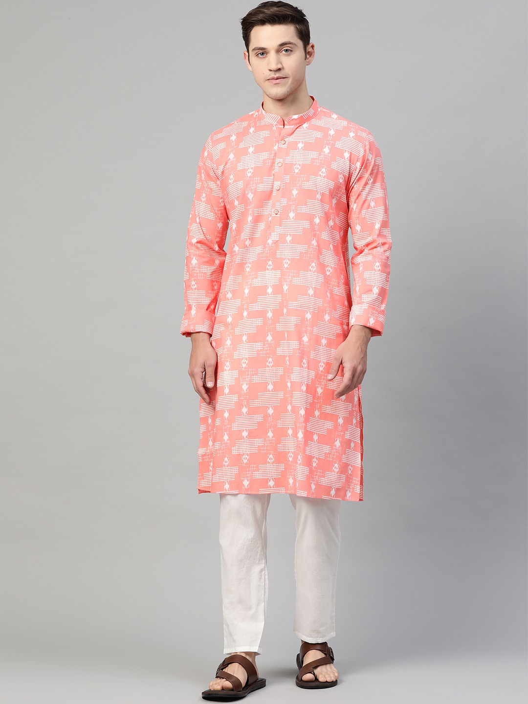 

See Designs Men Peach-Coloured & White Printed Kurta with Pyjamas