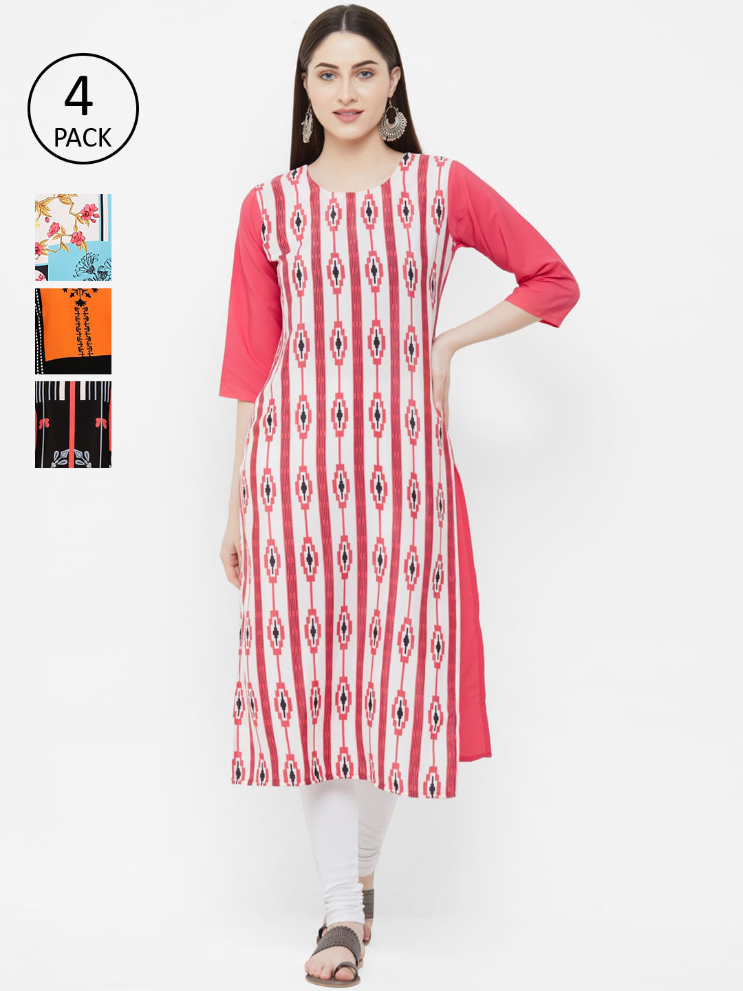 

7Threads Multicoloured Pack of 4 Geometric Printed Crepe Kurta, Multi