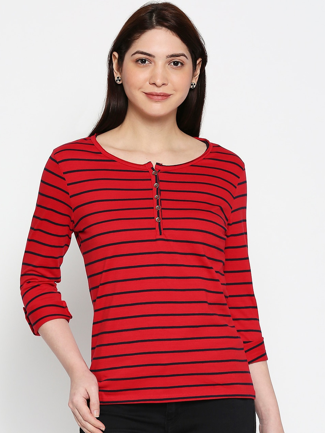 

People Red & Black Striped Roll-Up Sleeves Pure Cotton Top