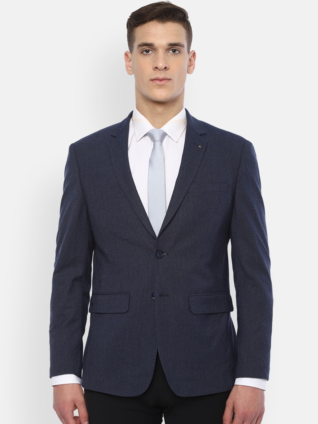 

Louis Philippe Men Navy Blue & White Striped Slim-Fit Single-Breasted Blazer