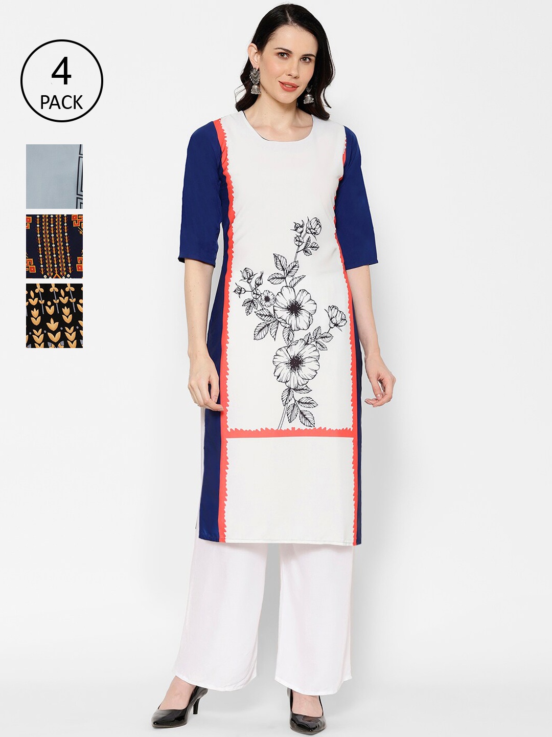 

7Threads Women Multicoloured Ethnic Motifs Printed Crepe Kurta Set of 4, Multi