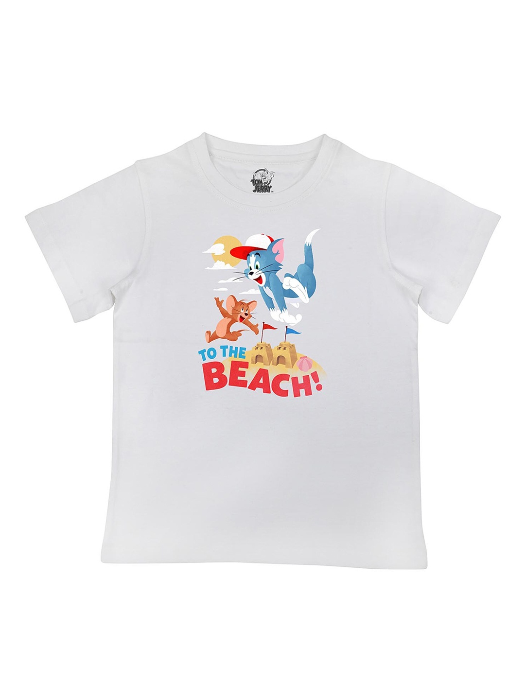 Tom Jerry Boys White Tom Jerry Character Printed Round Neck Cotton Pure Cotton T-shirt