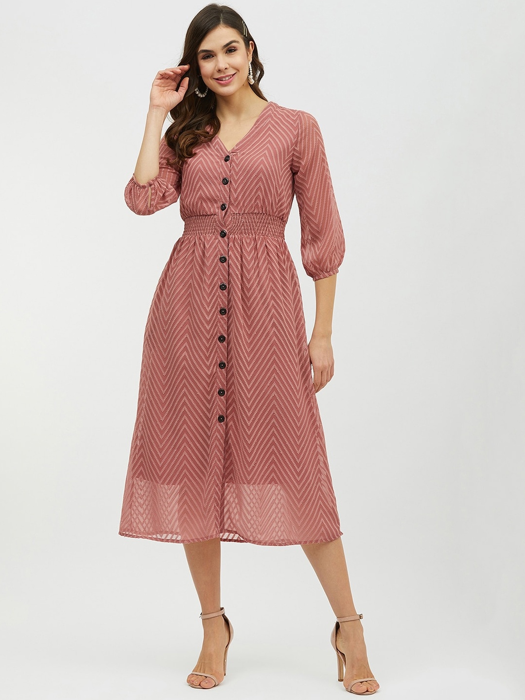 

Harpa Women Pink Self Design Fit and Flare Dress