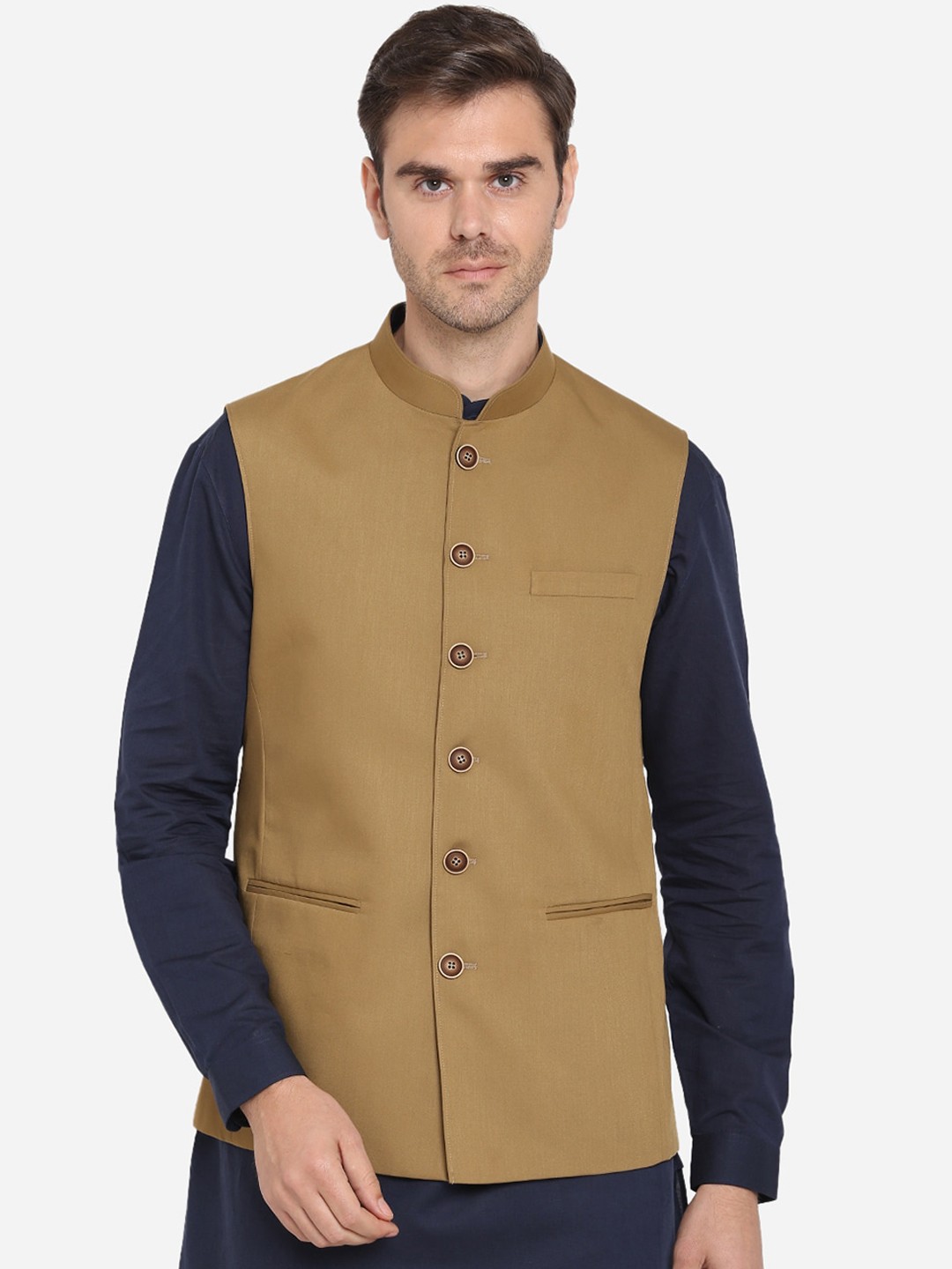 

MODI JACKET Men Khaki-Coloured Woven Design Nehru Jacket