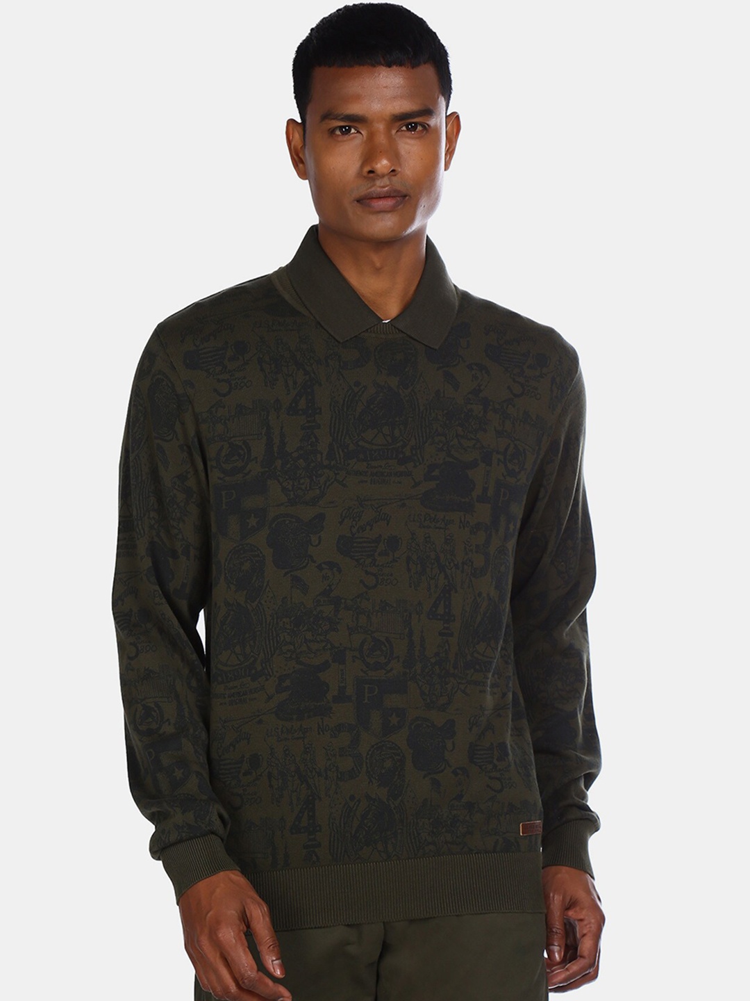 

U.S. Polo Assn. Denim Co. Men Green Printed Cotton Pullover Sweater