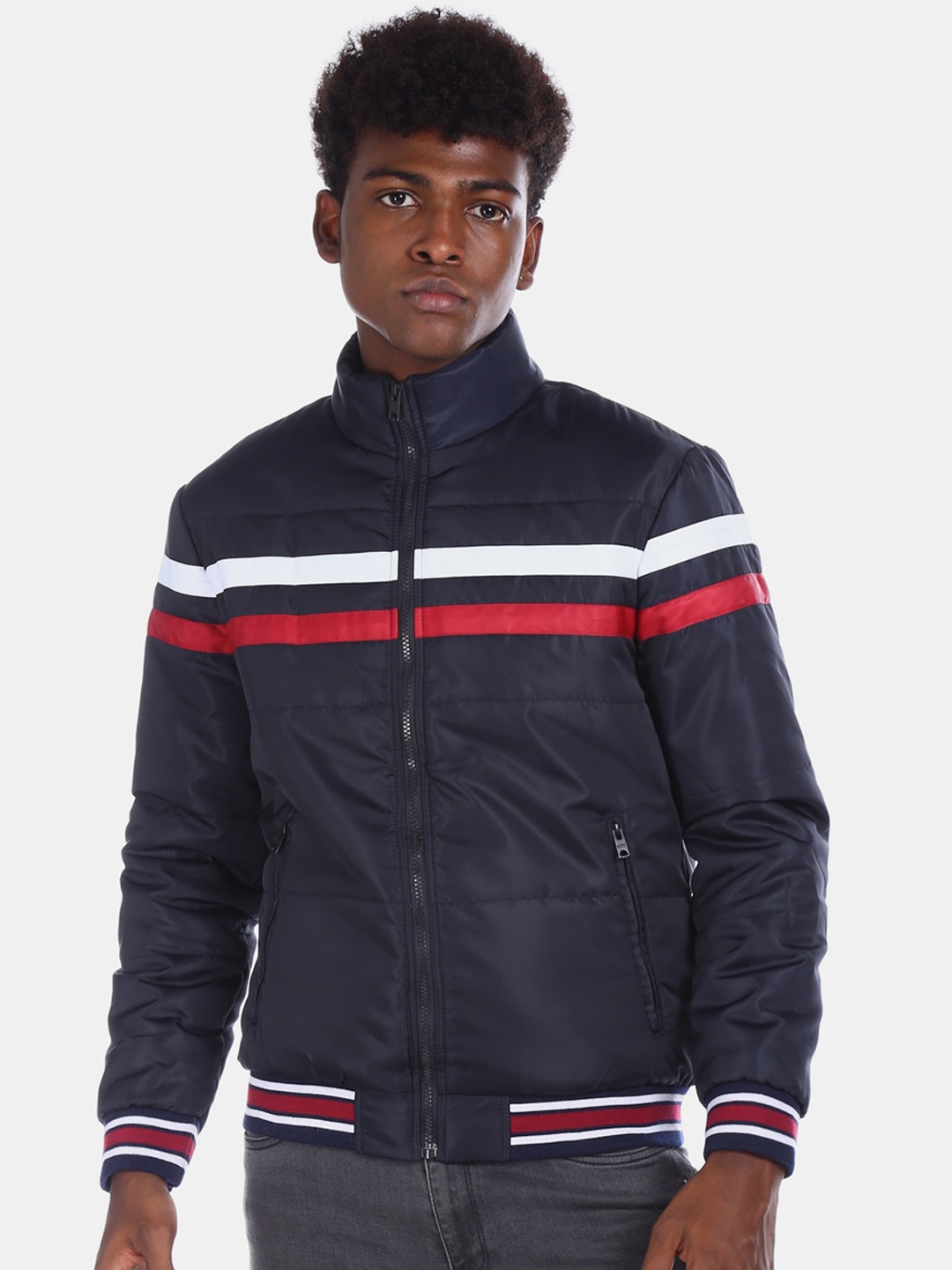 

Aeropostale Men Navy Blue & Red Striped Bomber Jacket