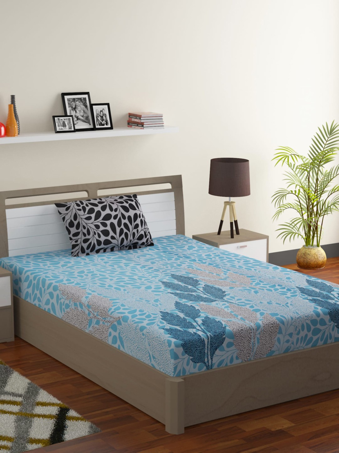

SWAYAM Blue & White Floral 120 TC Cotton 1 Single Bedsheet with 1 Pillow Covers