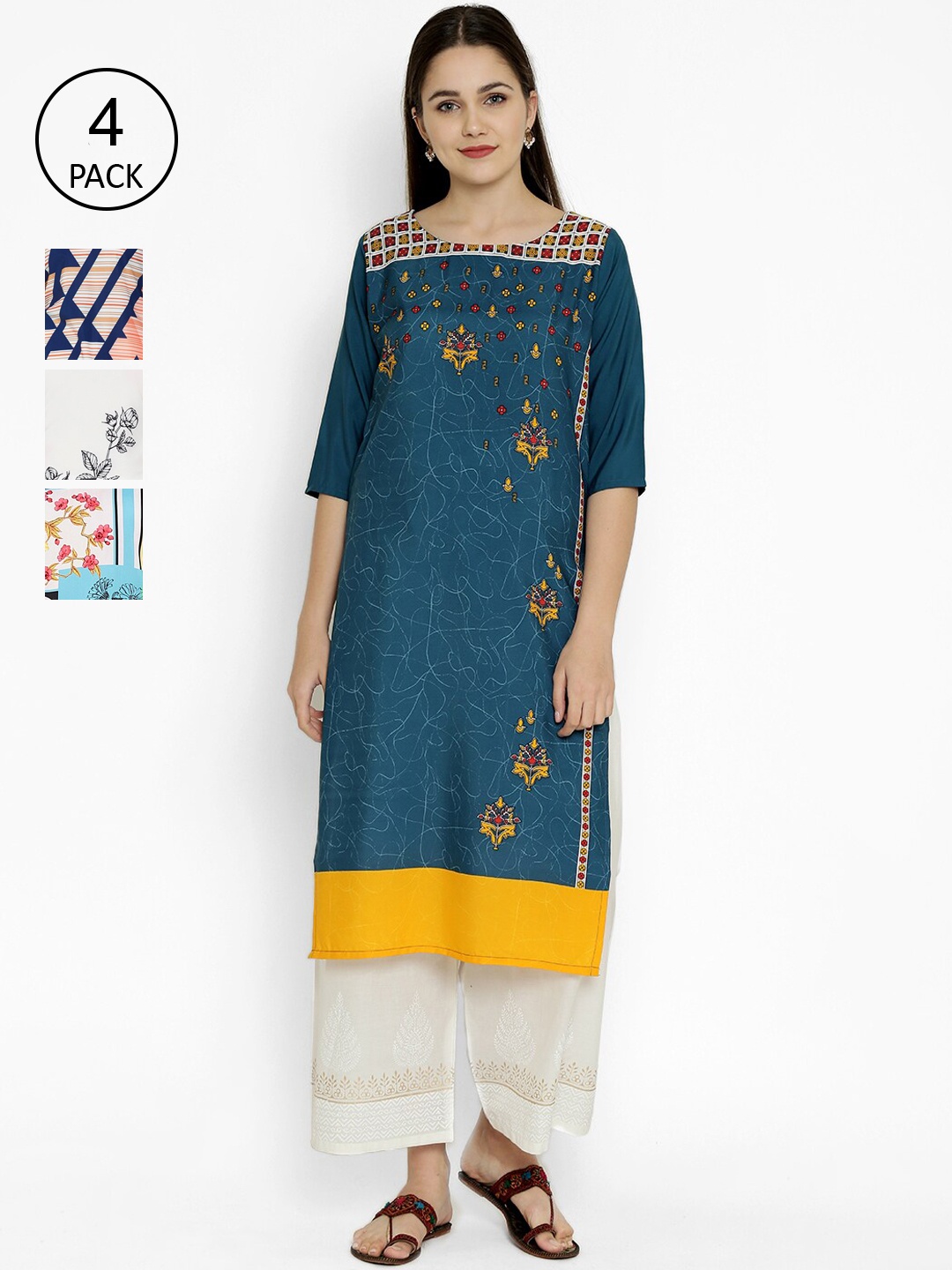 

7Threads Multicoloured Pack Of 4 Floral Printed Crepe Kurta, Multi