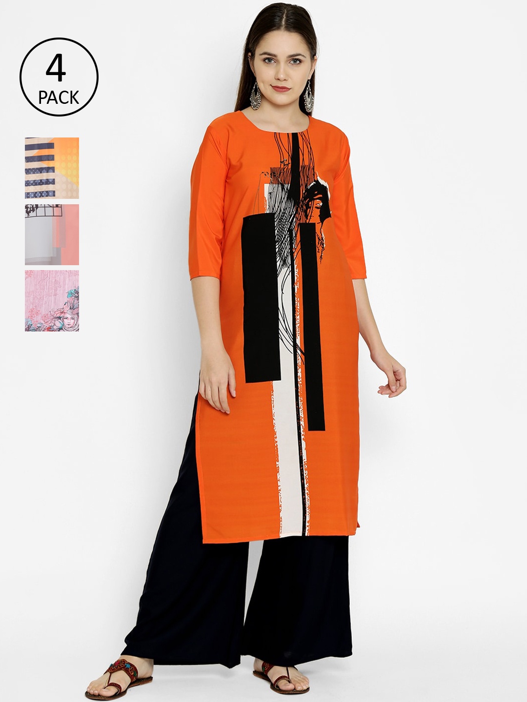 

7Threads Pack Of 4 Multicoloured Striped Sequins Crepe Kurta, Multi