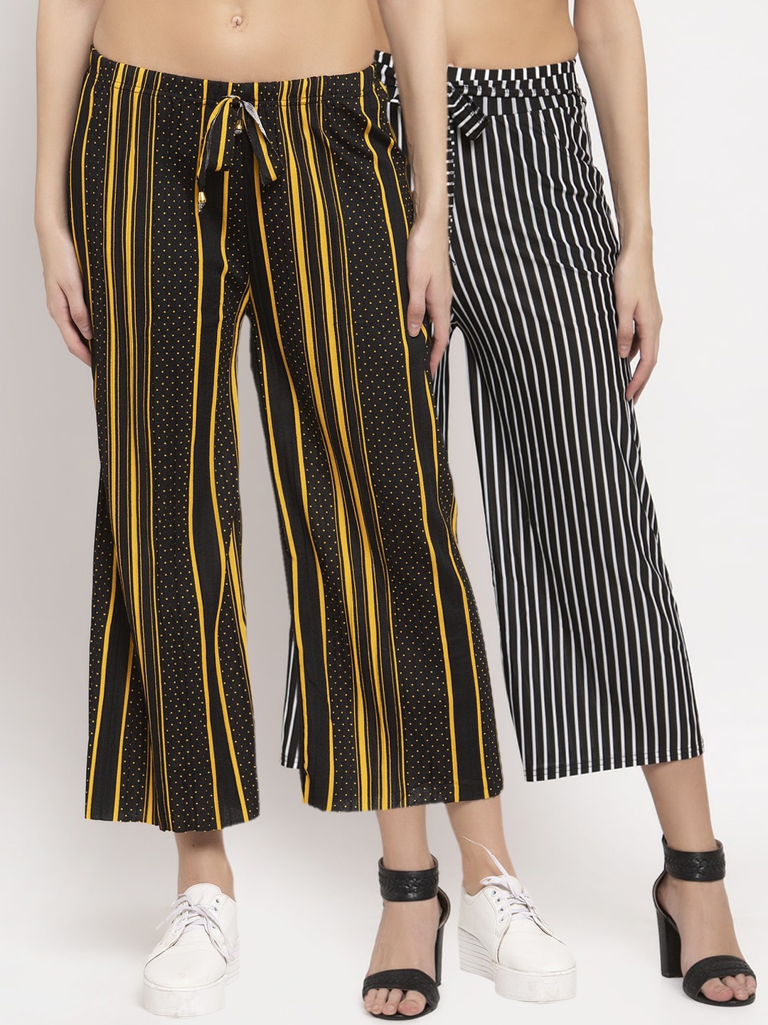 

KLOTTHE Women Pack Of 2 Printed Wide Leg Palazzos, Black