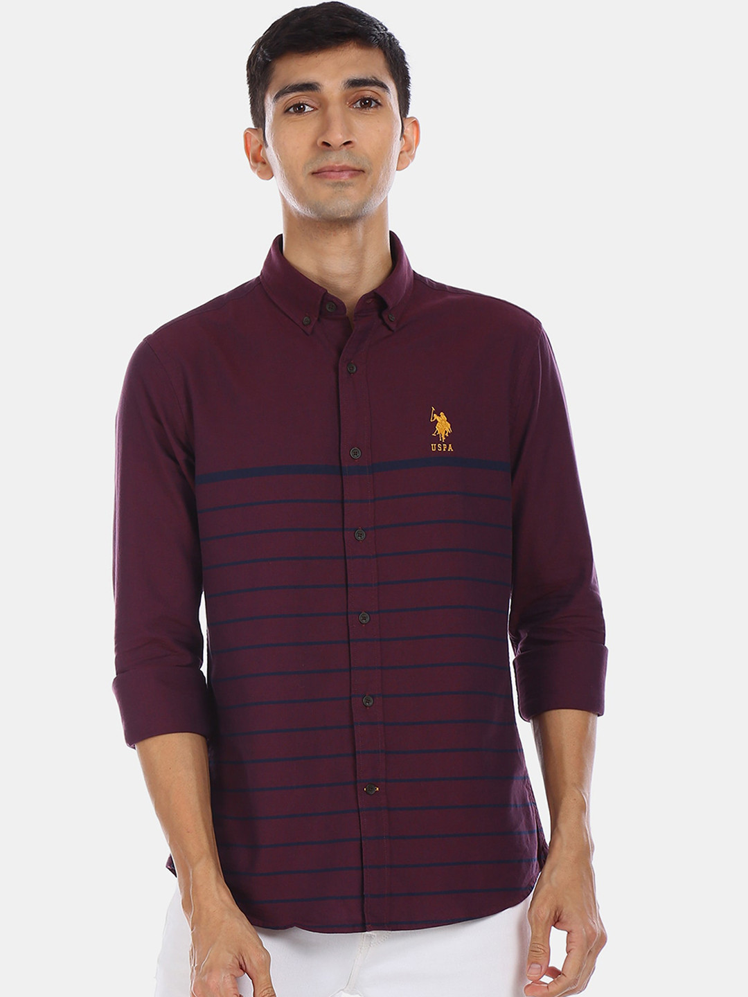 

U.S. Polo Assn. Men Burgundy Regular Fit Striped Casual Shirt