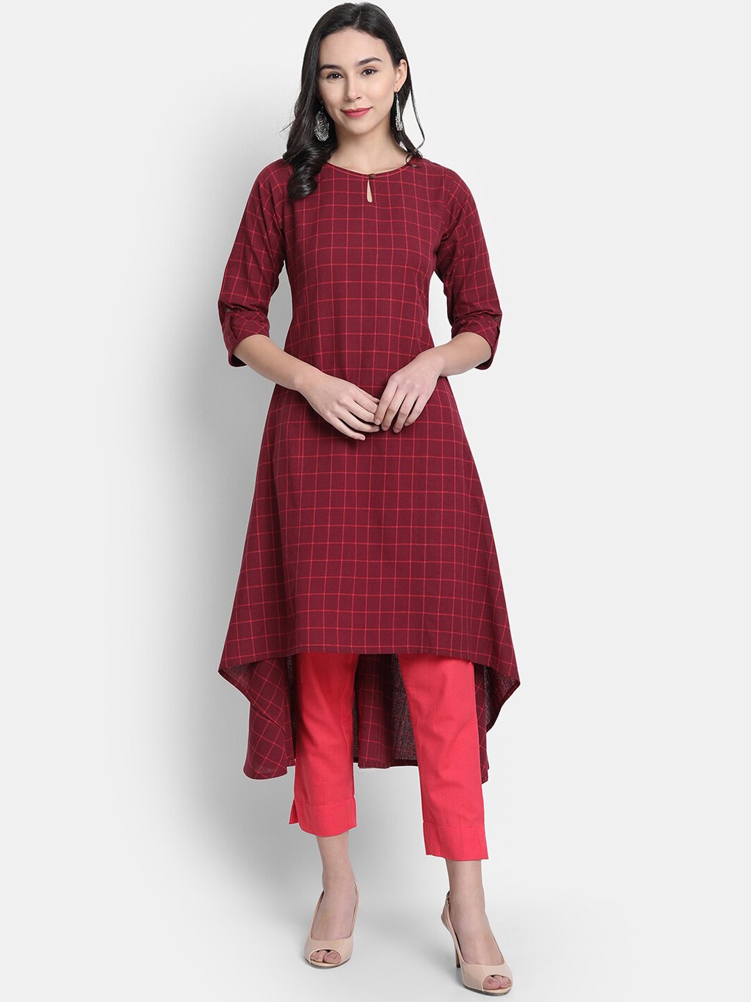 

Janasya Maroon Checked Keyhole Neck Regular Sleeves Kurta