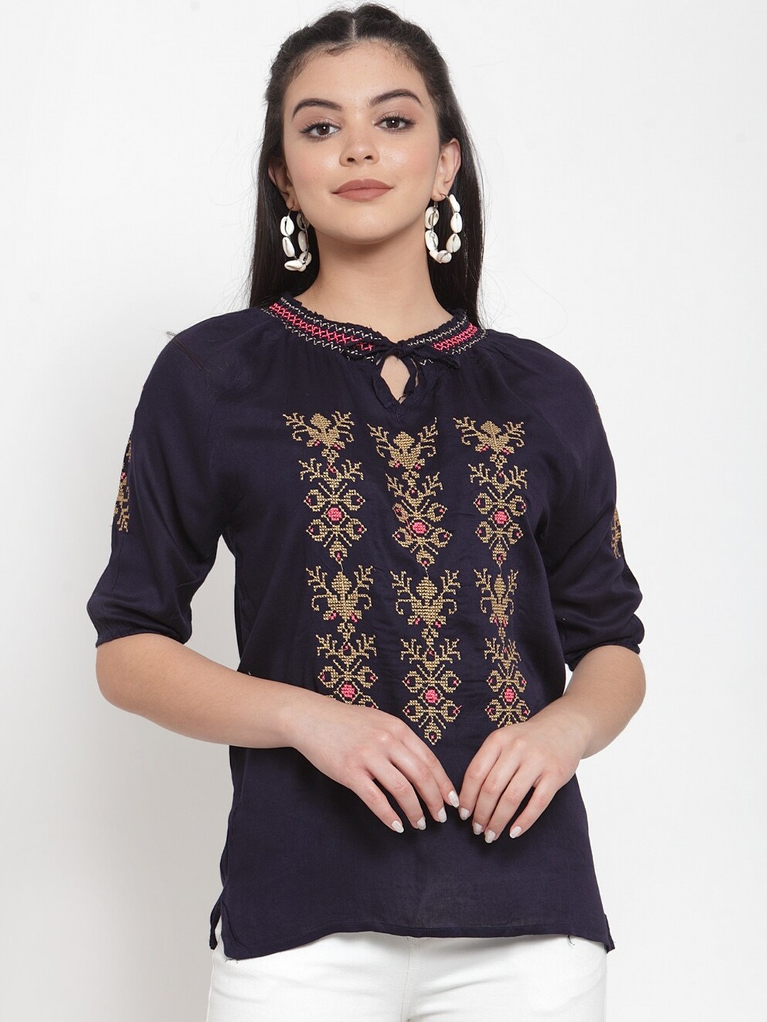 

Miaz Lifestyle Navy Blue Embroidered Tie-Up Neck Top