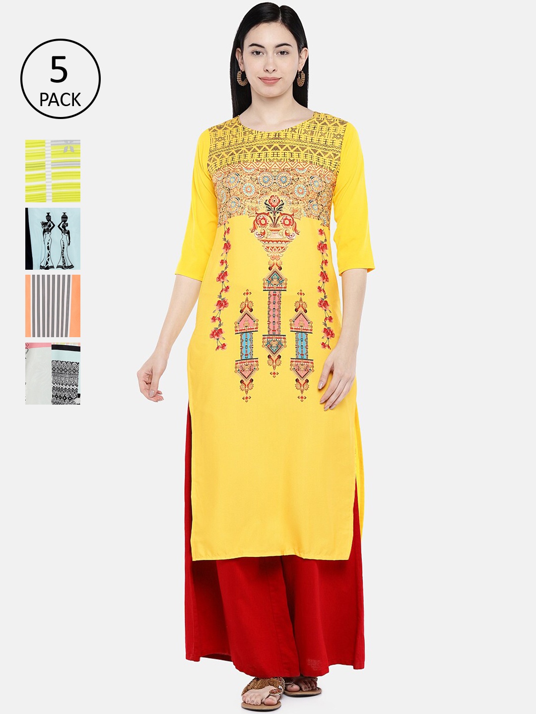 

7Threads Women Multicoloured Printed Crepe Kurta Pack of 5, Multi