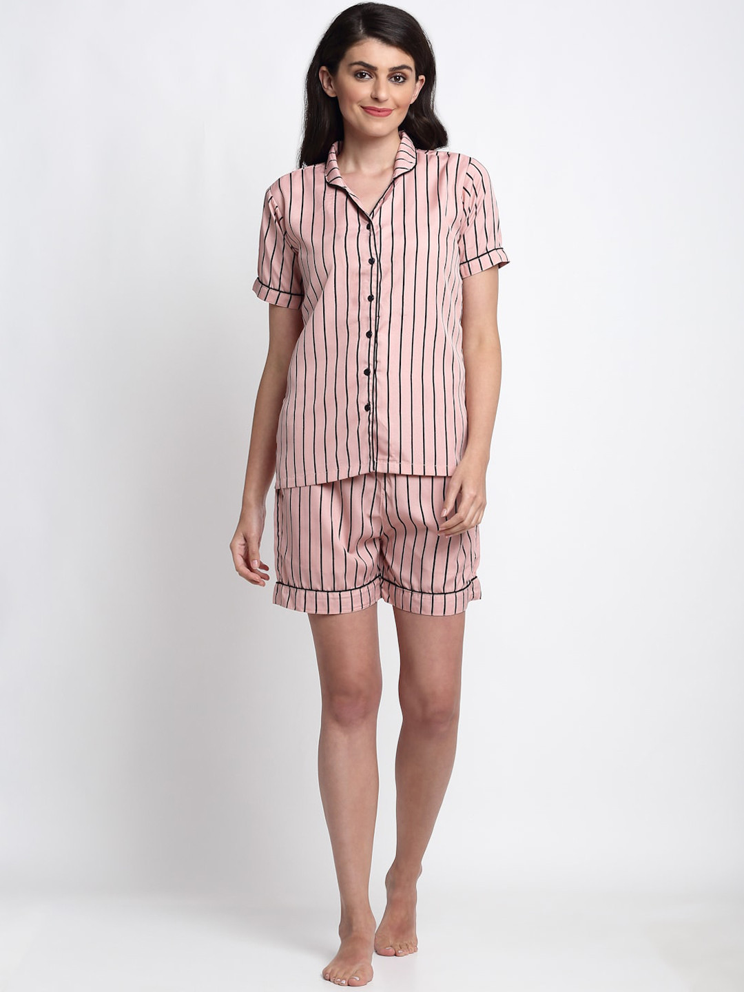 

NEUDIS Women Pink & Black Striped Night suit