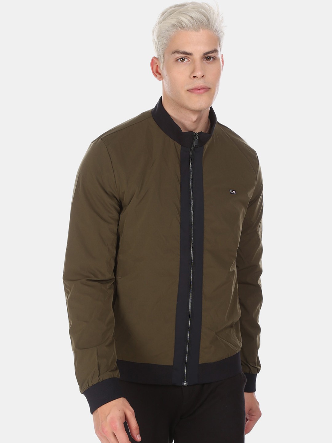 

Arrow Sport Men Olive Green Solid Bomber Jacket