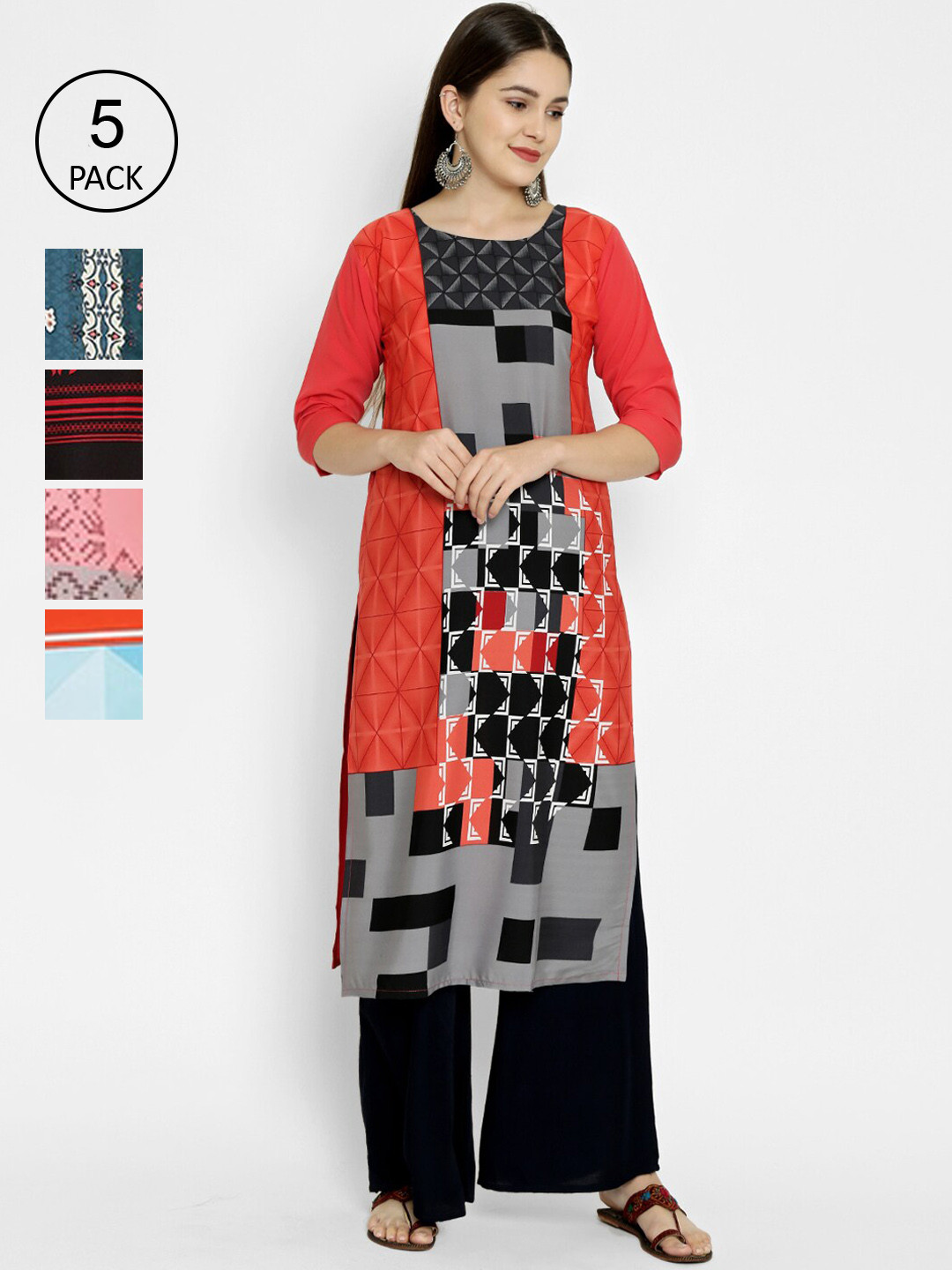 

7Threads Women Multicoloured Set of 5 Printed Crepe Straight Kurta, Multi