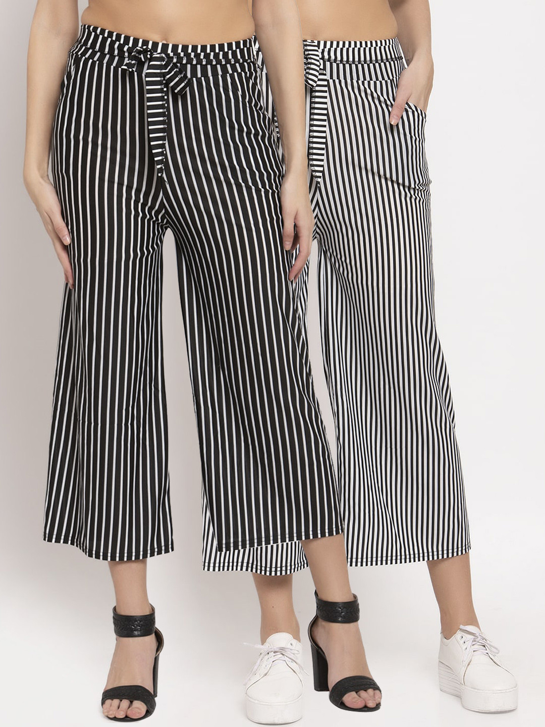

KLOTTHE Women Pack of 2 Striped Wide Leg Palazzos, Black