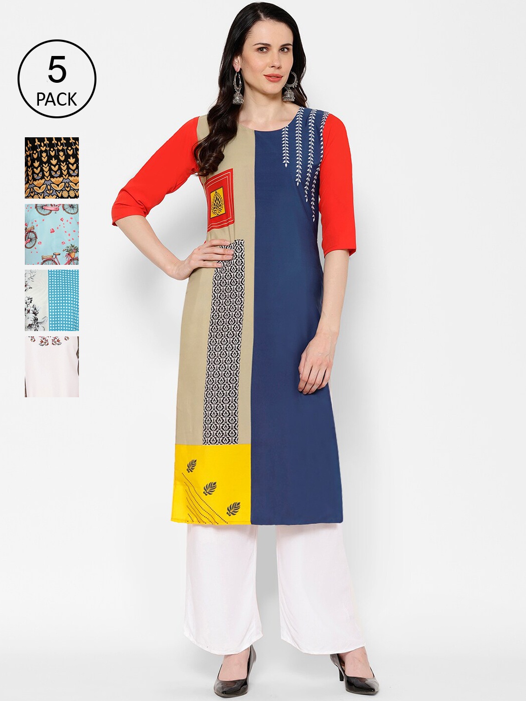 

7Threads Pack of 5 Printed Crepe Straight Kurtas, Multi