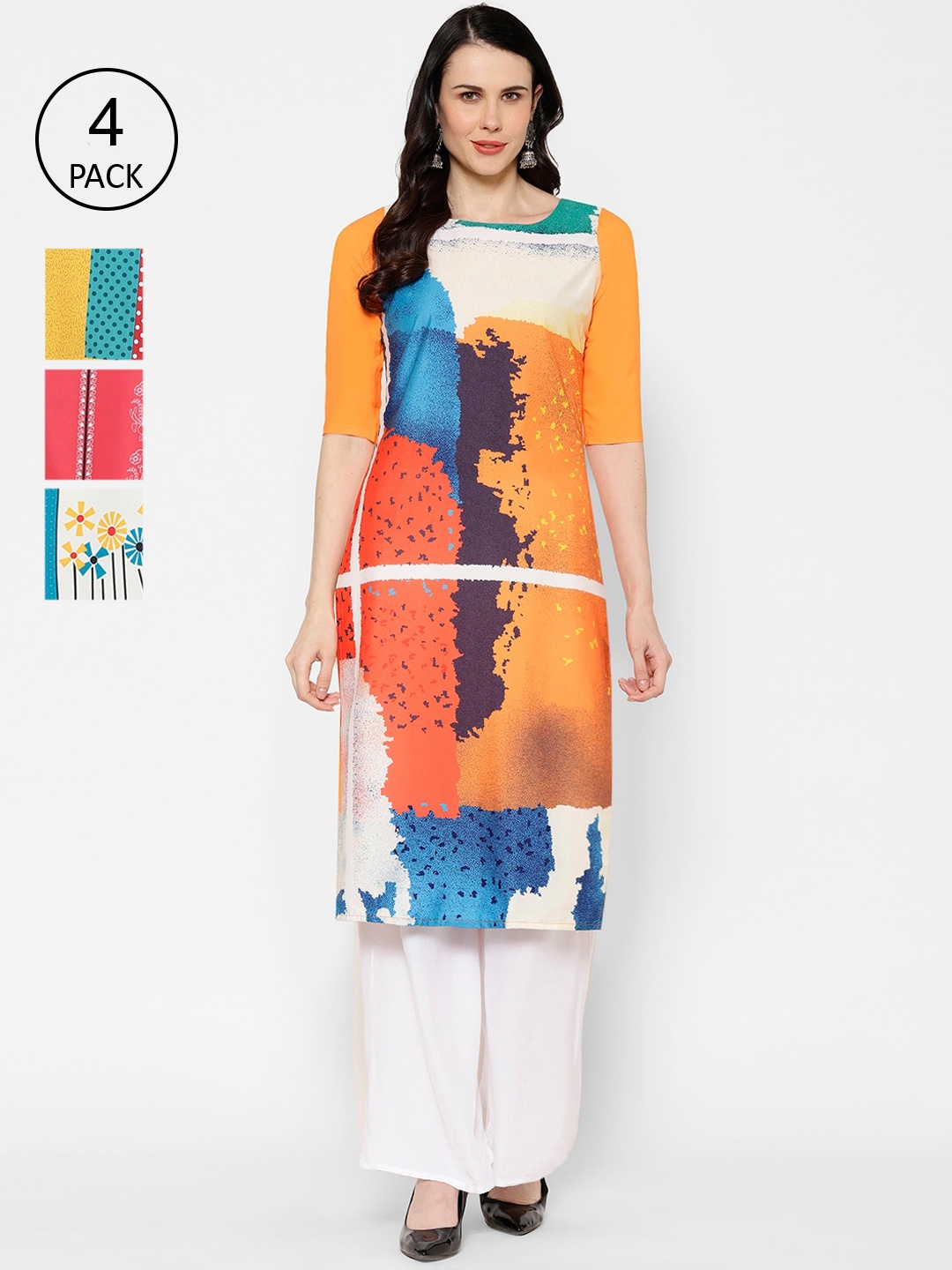 

7Threads Women Multicoloured Printed Crepe Kurta Set of 4, Multi