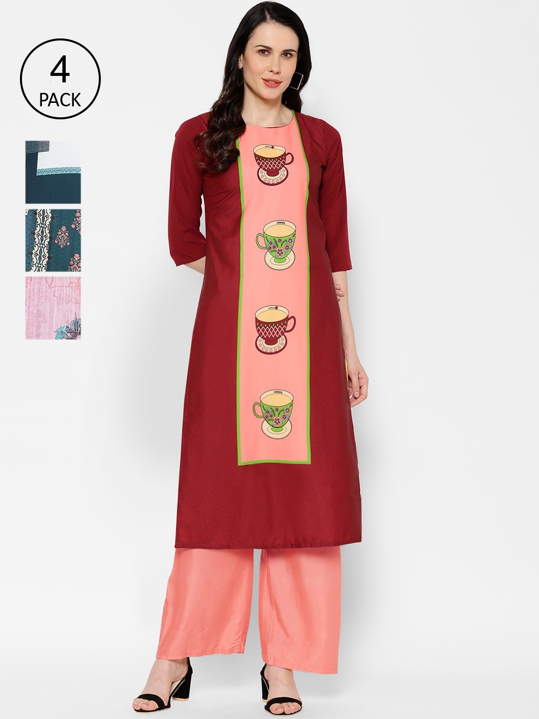 

7Threads Pack Of 4 Digital Printed Crepe Kurtas, Multi