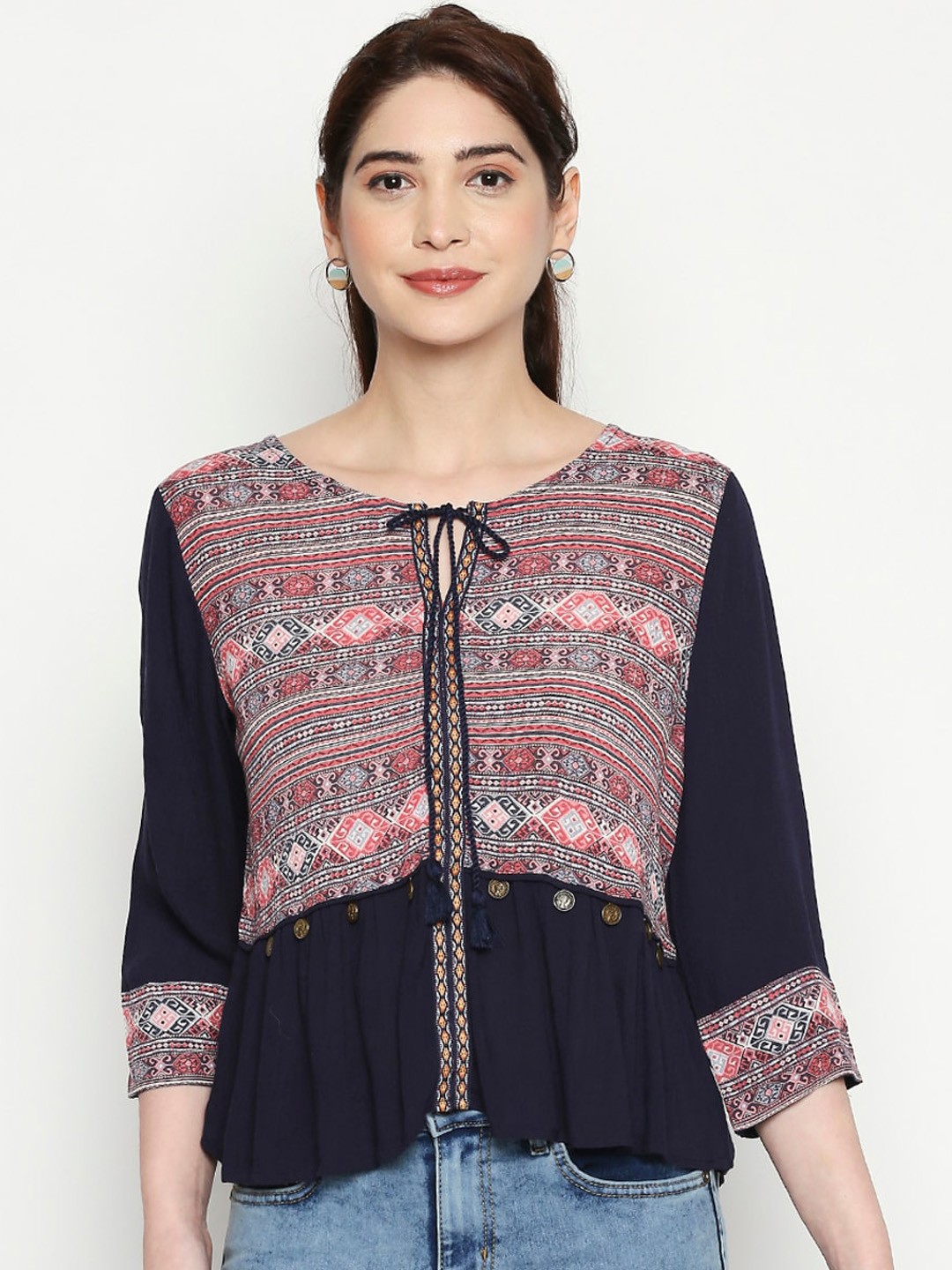 

People Women Navy Blue Printed Tie-Up Neck Top