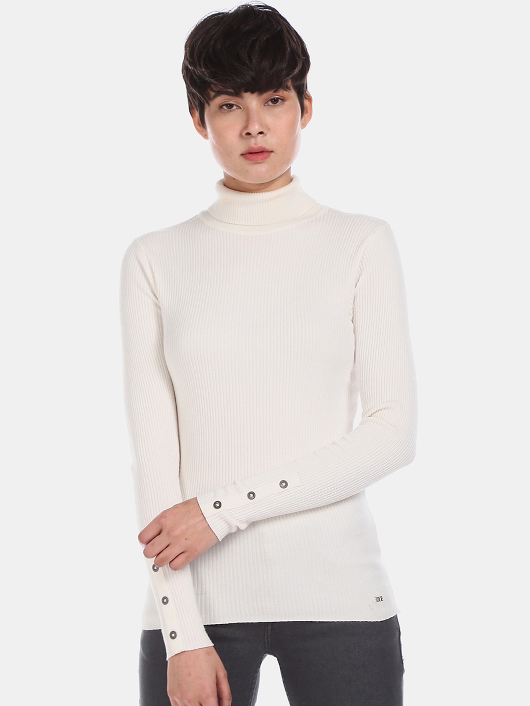 

U.S. Polo Assn. Women Off White Solid Polo-Neck Sweater