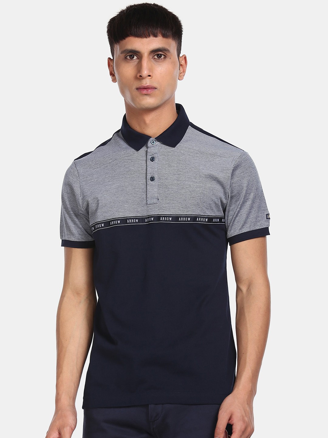 

Arrow Sport Men Navy Blue & Grey Colourblocked Polo Collar T-shirt