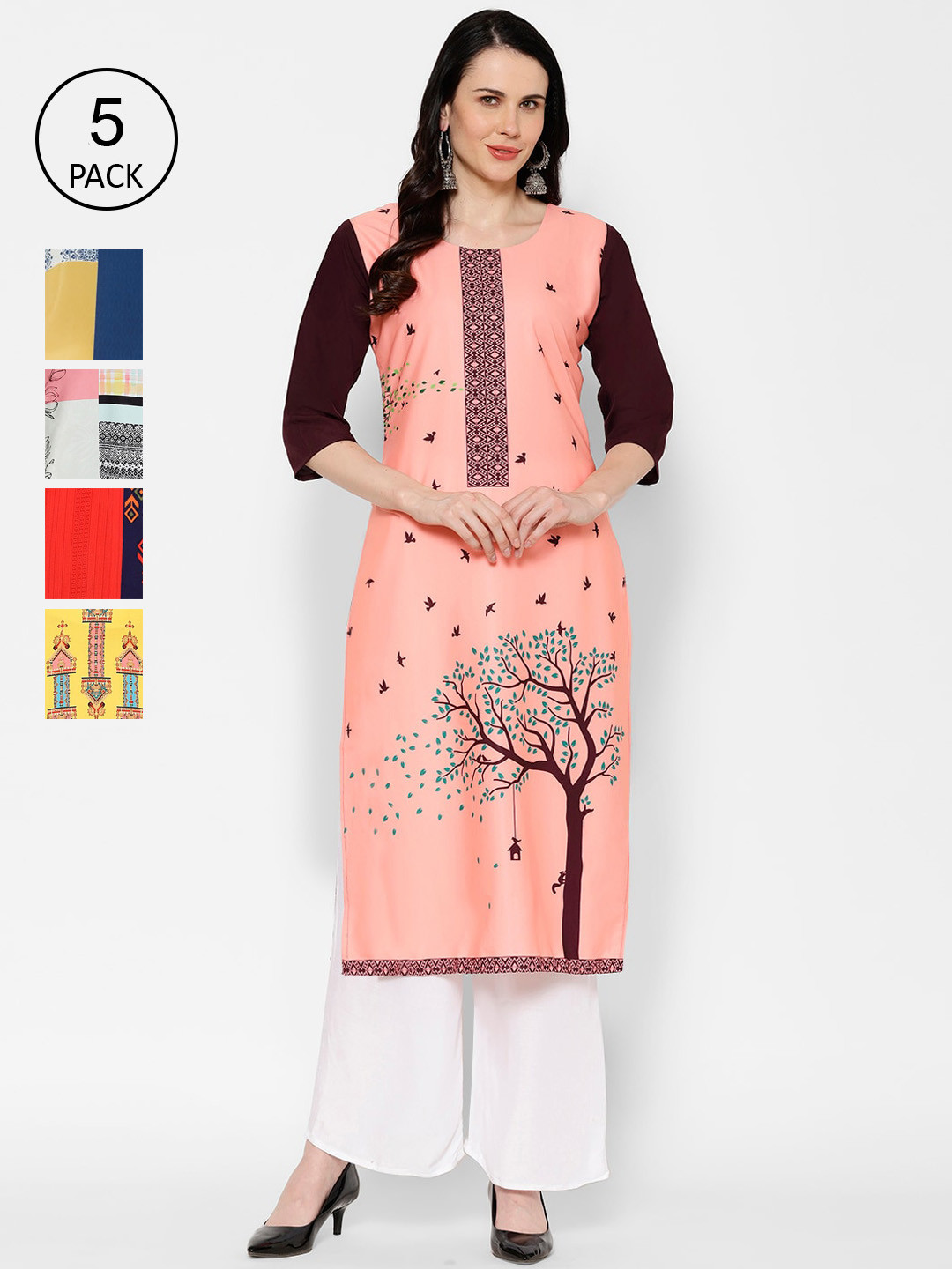 

7Threads Women Multicoloured Floral Printed Crepe Kurta Pack of 5, Multi
