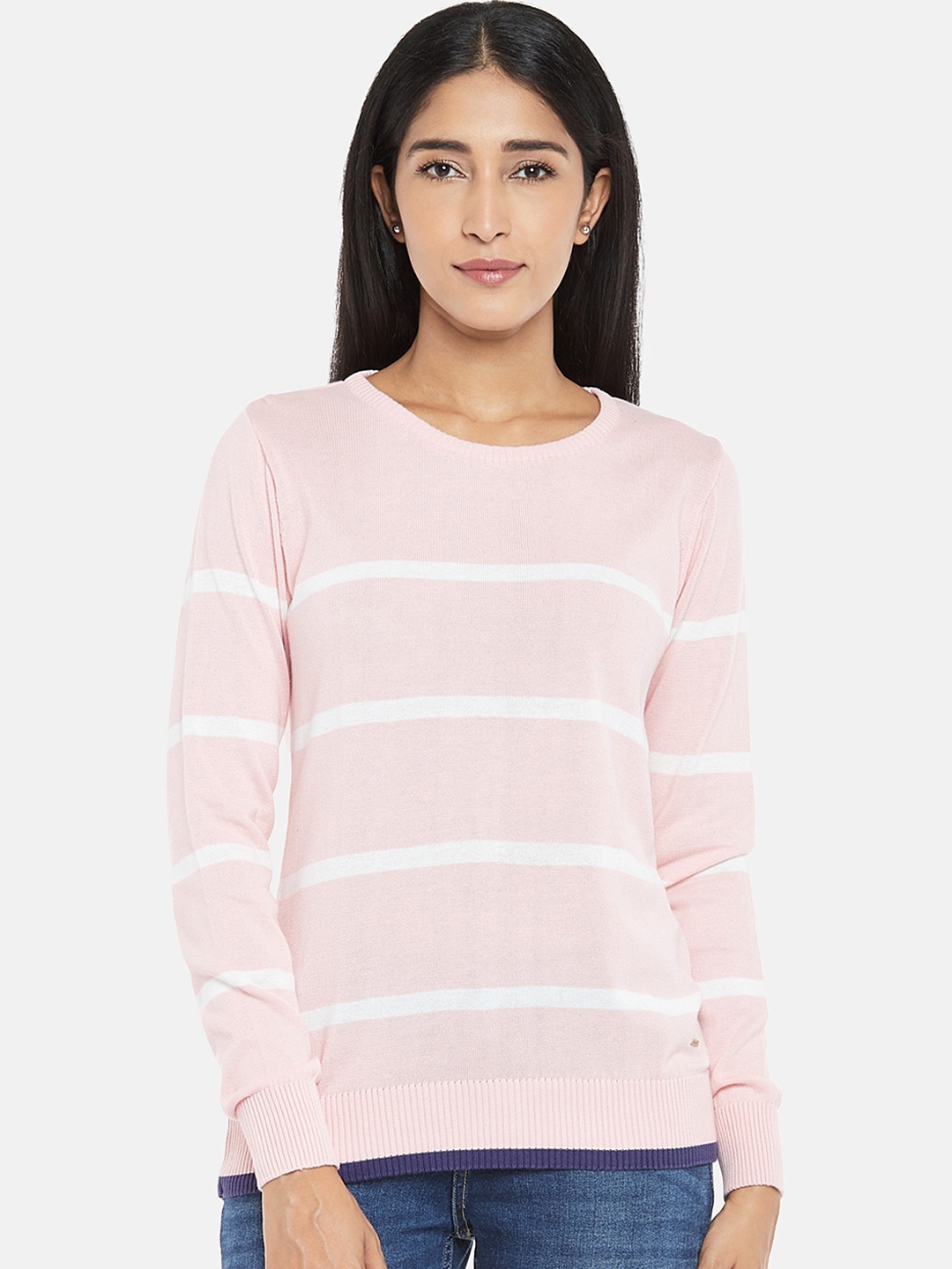 

People Women Pink & White Striped Round Neck T-shirt