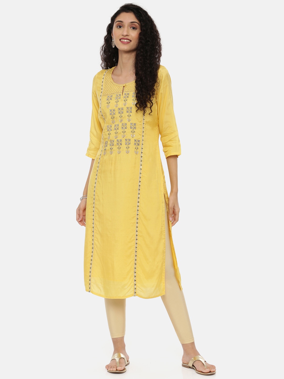 

Neerus Women Yellow Embroidered Keyhole Neck Thread Work Kurta