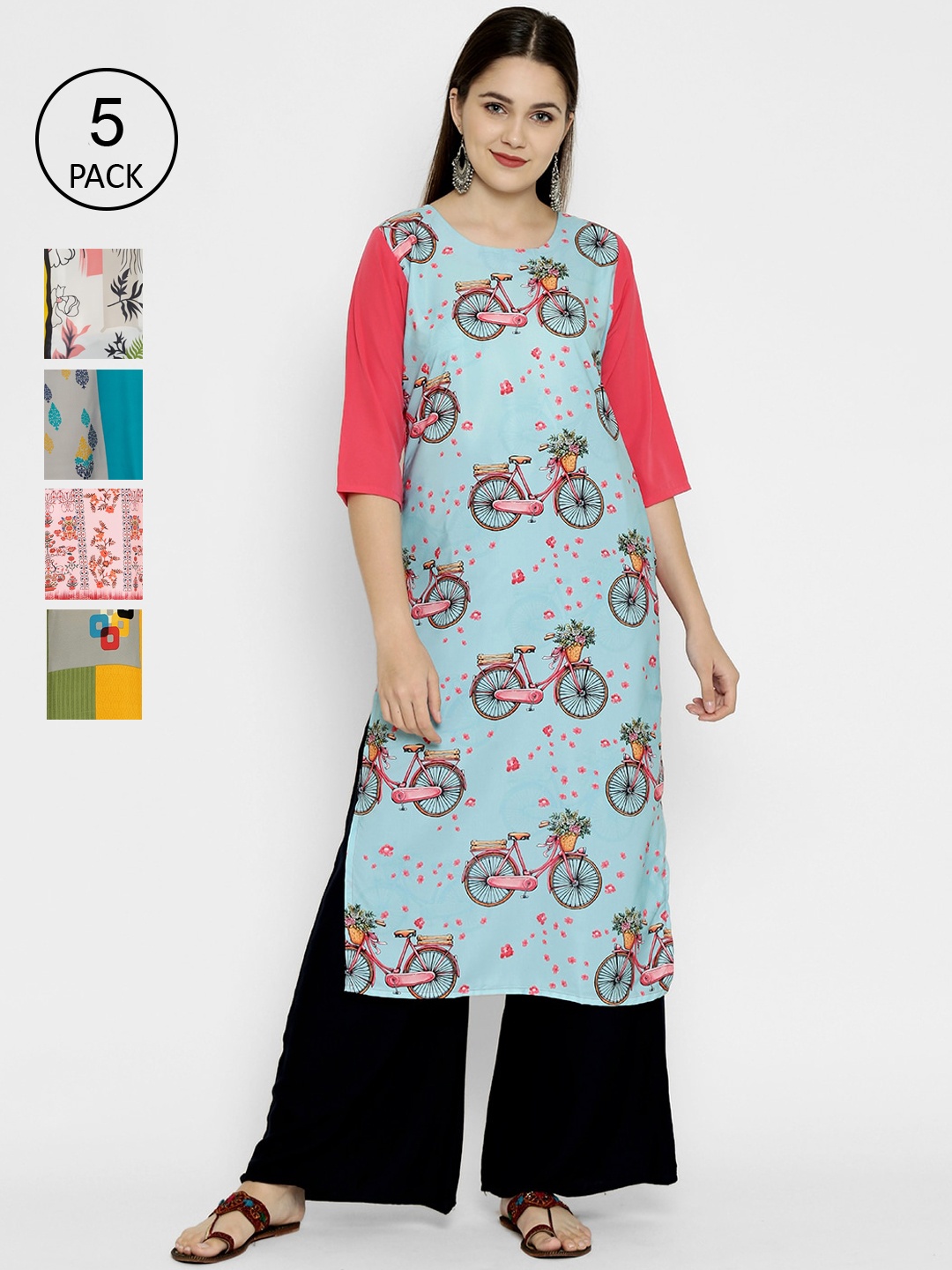 

7Threads Women Pack Of 5 Multicoloured Quirky Printed Crepe Kurtas, Multi