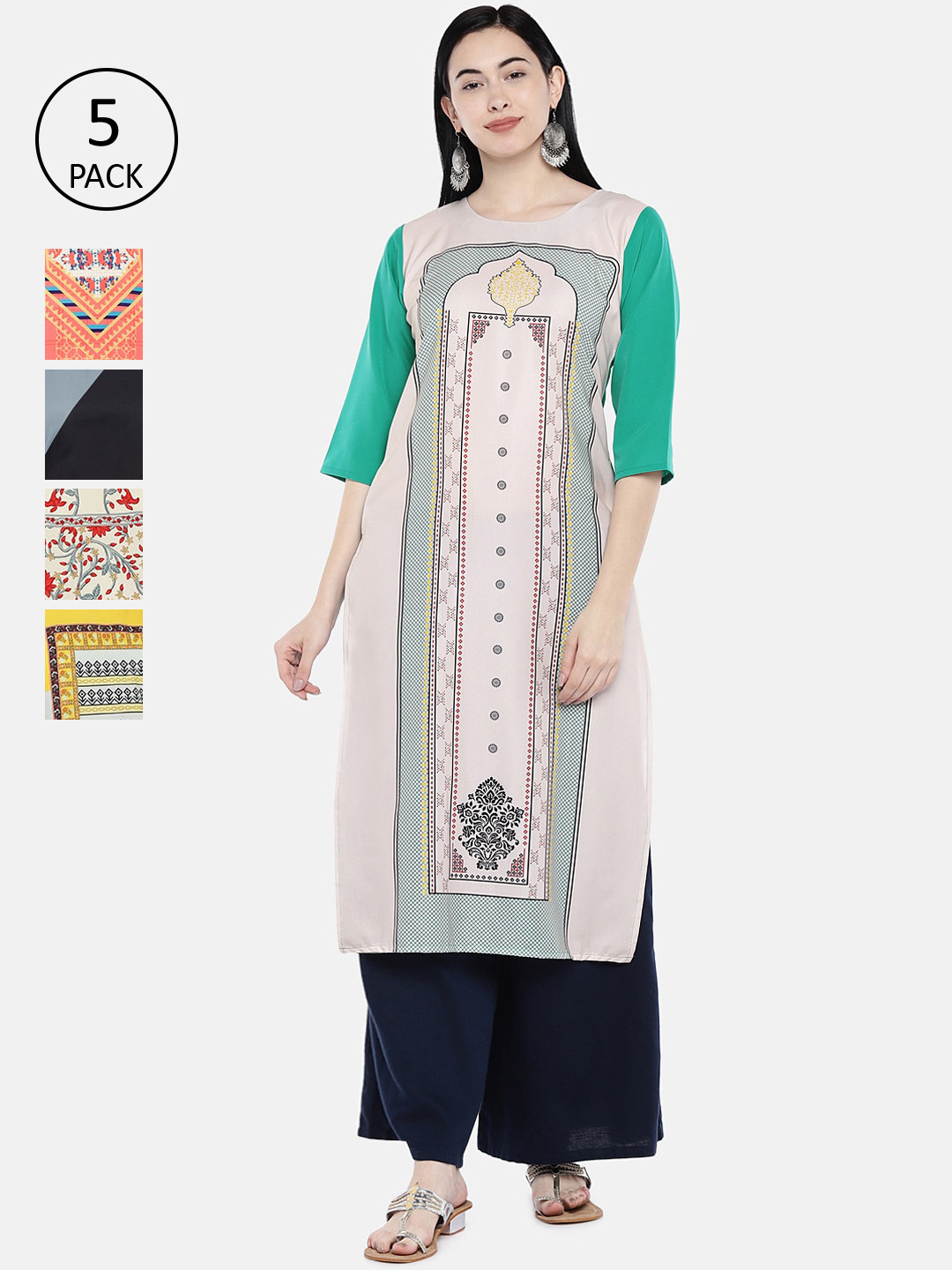 

7Threads Multicoloured Pack of 5 Floral Printed Crepe Kurta, Multi