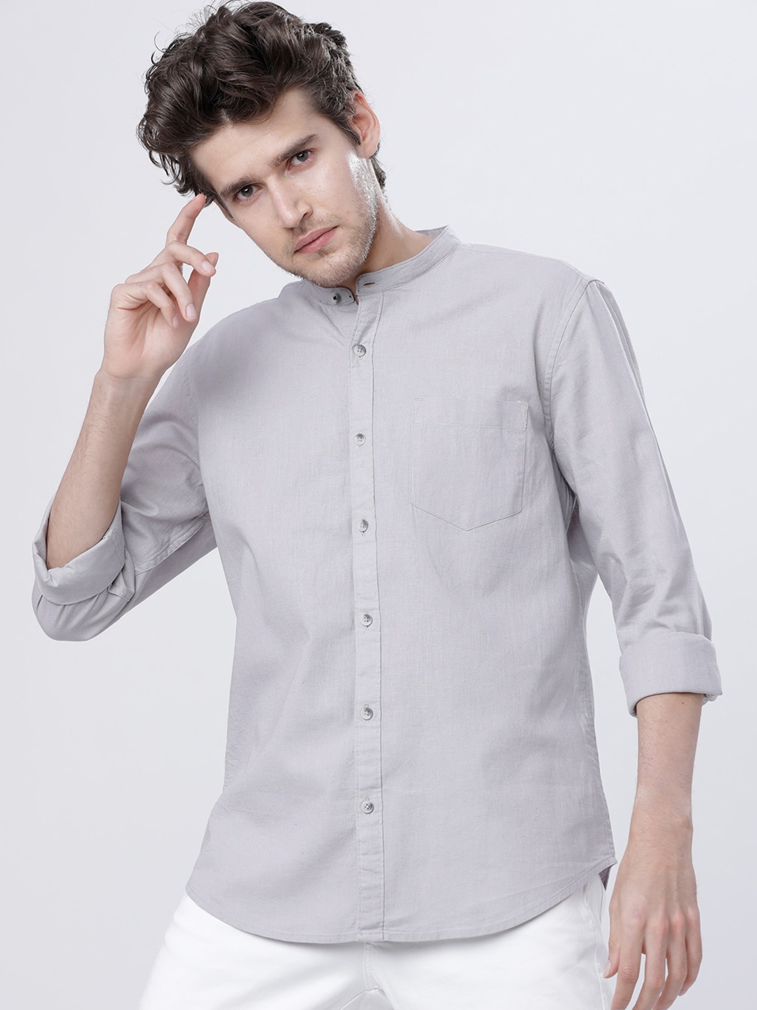 HIGHLANDER Men Grey Slim Fit Cotton Linen Casual Shirt