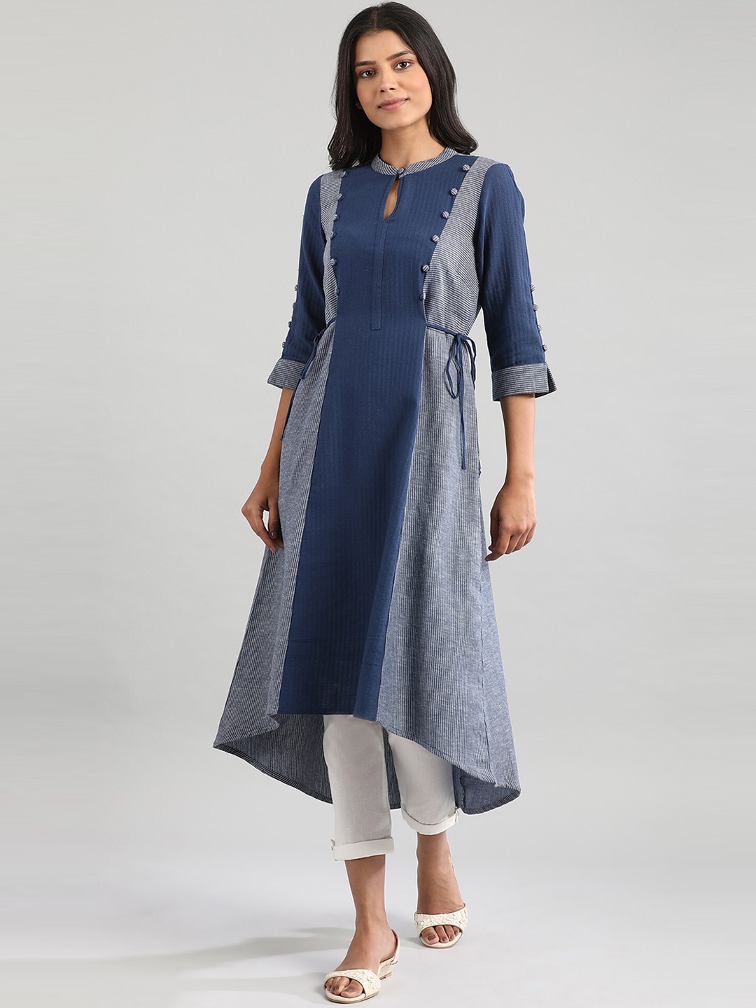 

AURELIA Navy Blue Striped High-Low Kurta