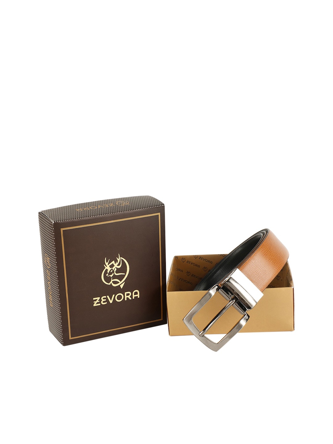 

ZEVORA Men Tan Brown & Black Textured Reversible Belt