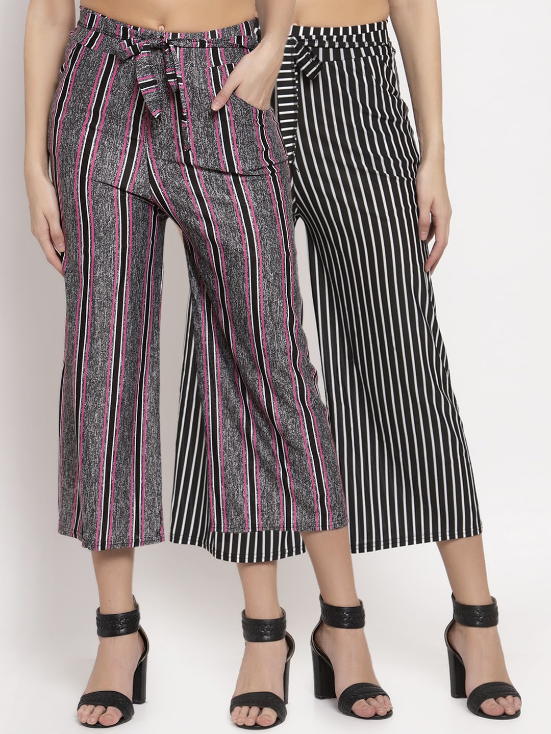 

KLOTTHE Women Pack of 2 Striped Wide Leg Palazzos, Grey