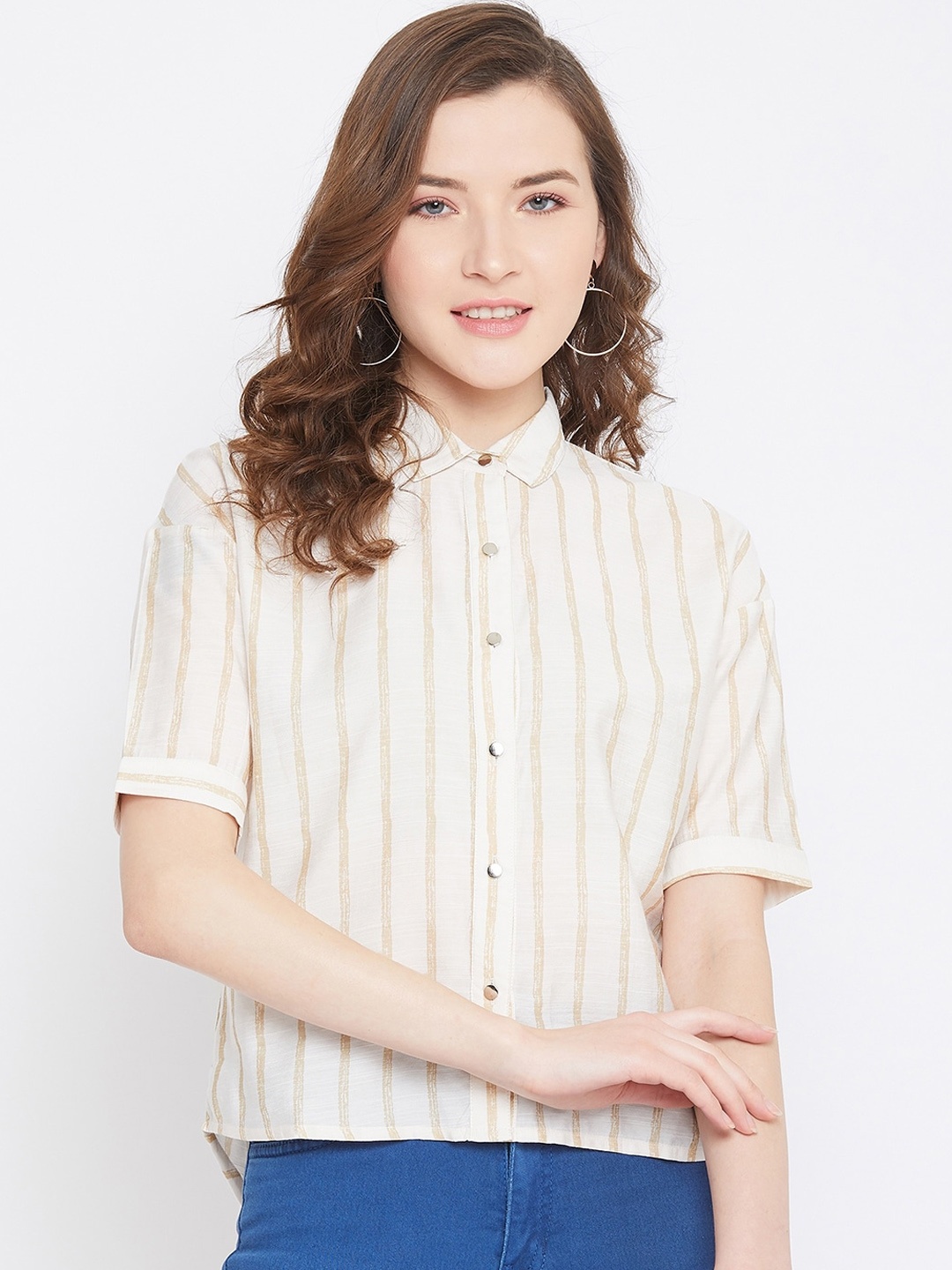 

Octave White Striped Roll-Up Sleeves Shirt Style Top