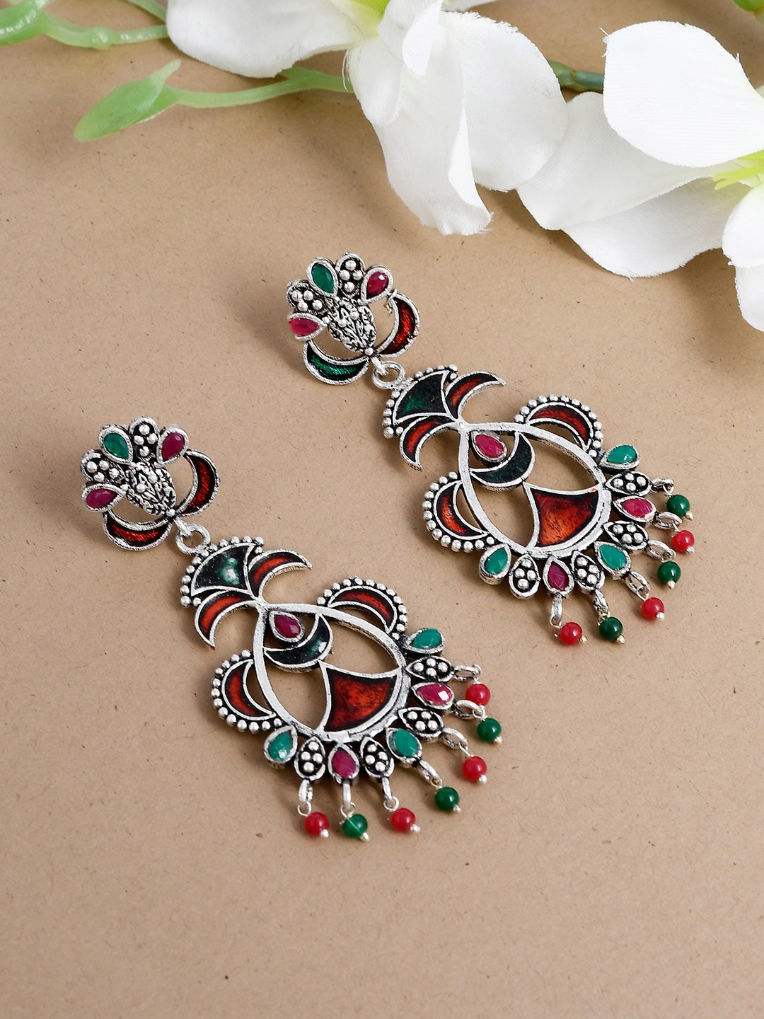 Silvermerc Designs Silver-Plated & Maroon Contemporary Drop Earrings