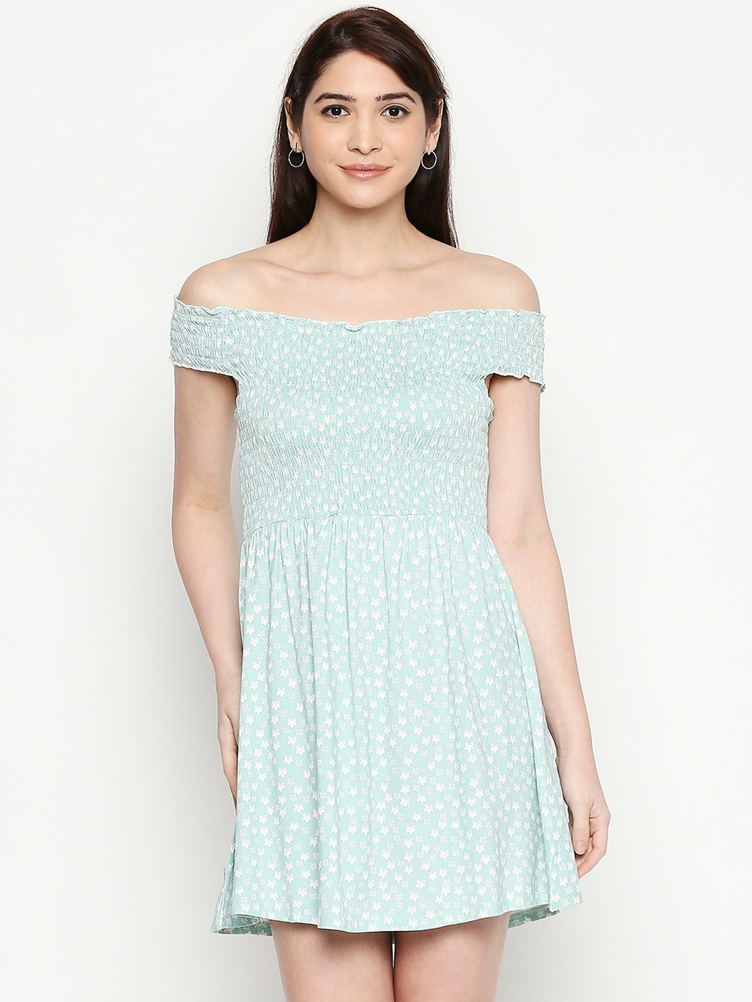 

People Women Sea Green Printed Fit and Flare Dress