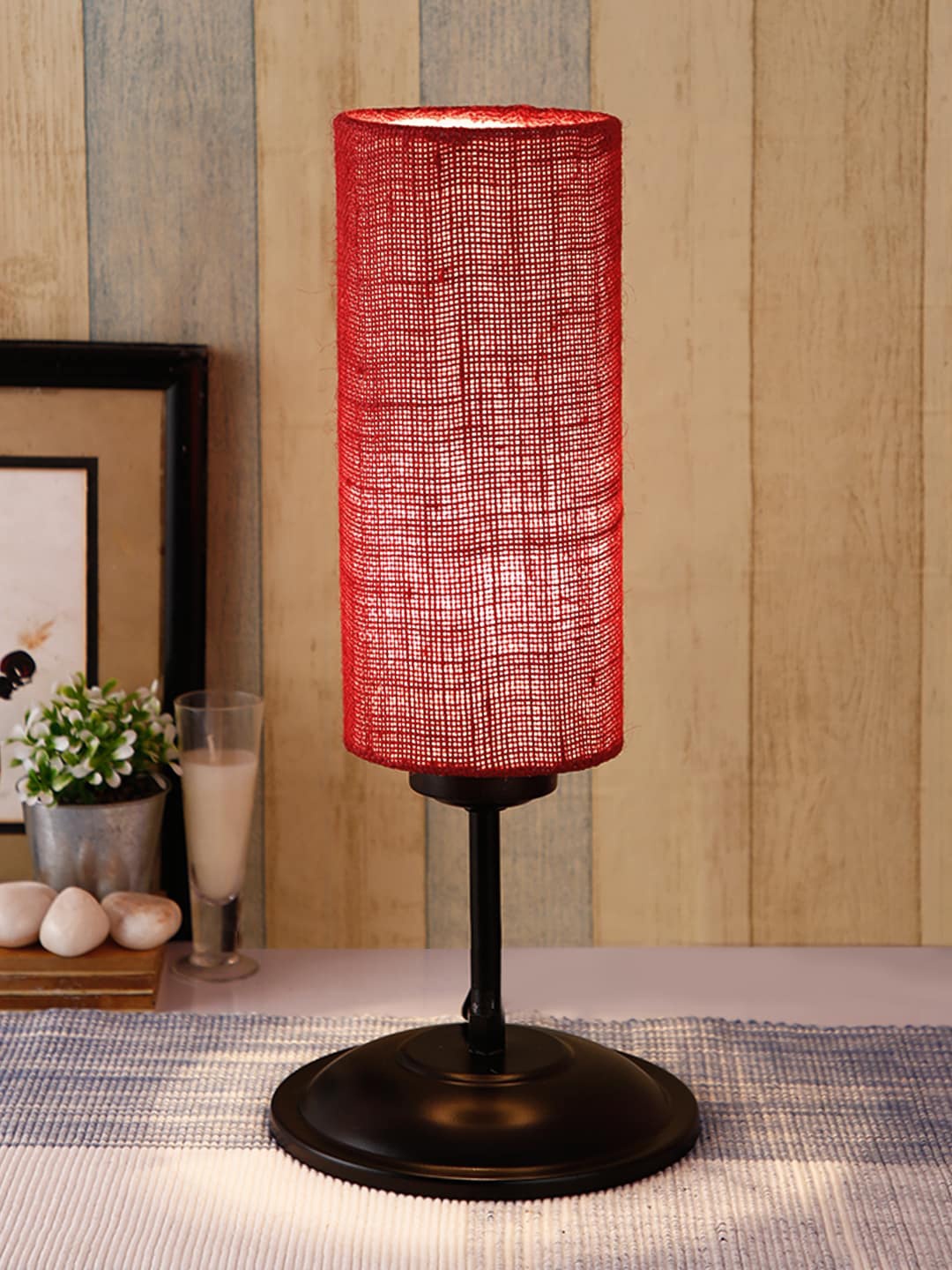 Devansh Maroon & Black Solid Traditional Cylindrical Table Lamp