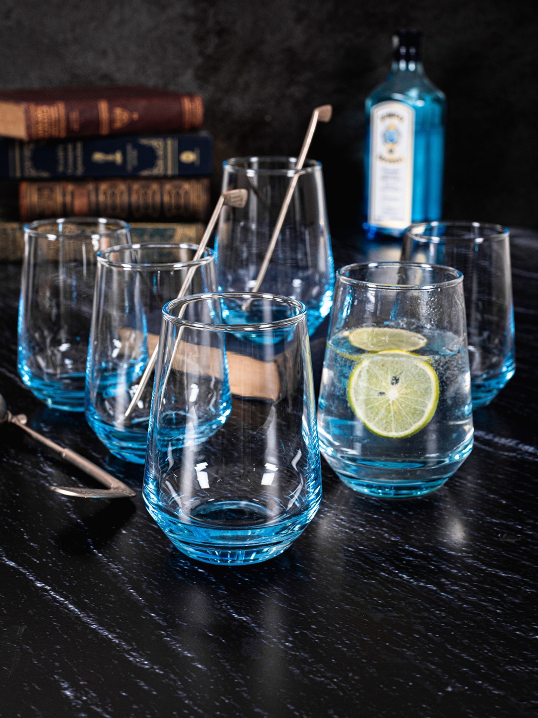 

GOODHOMES Set Of 6 Blue & Transparent Juice Tumbler Glass