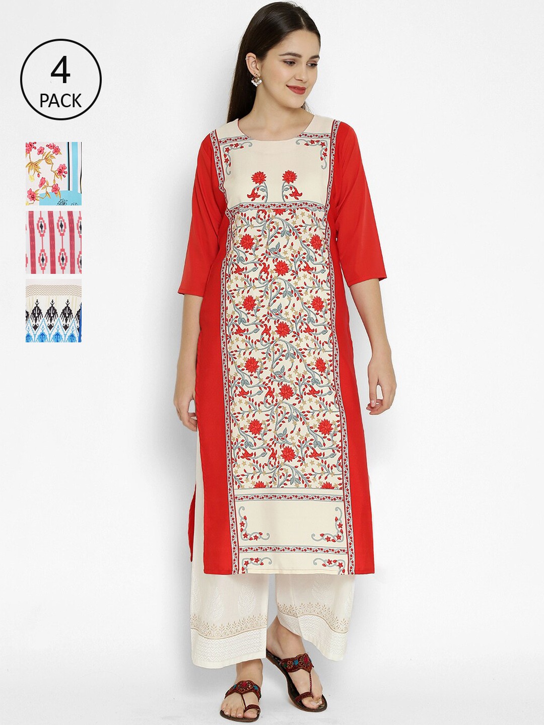 7Threads Multicoloured Pack of 4 Floral Printed Crepe Kurta, Multi