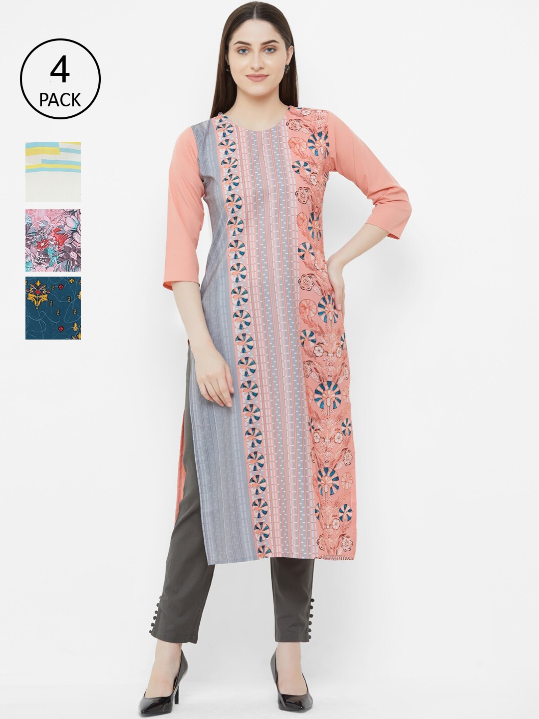 

7Threads Women Pack of 4 Multicoloured Ethnic Motifs Printed Kurtas, Multi