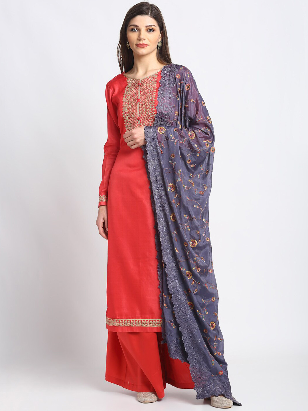 

Stylee LIFESTYLE Coral & Blue Tussar Silk Unstitched Dress Material