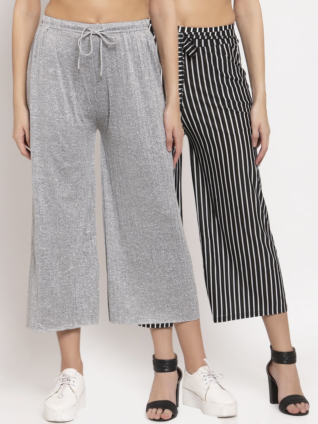 

KLOTTHE Women Grey & Black Striped Set of 2 Wide Leg Palazzos