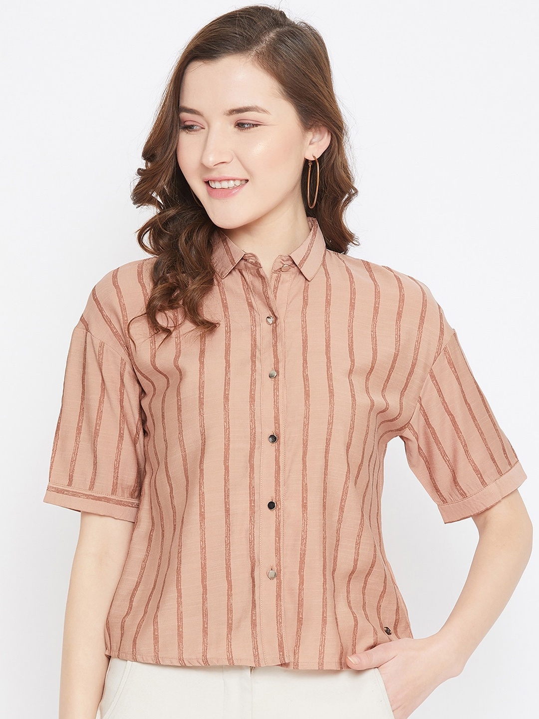 

Octave Pink Striped Shirt Style Top