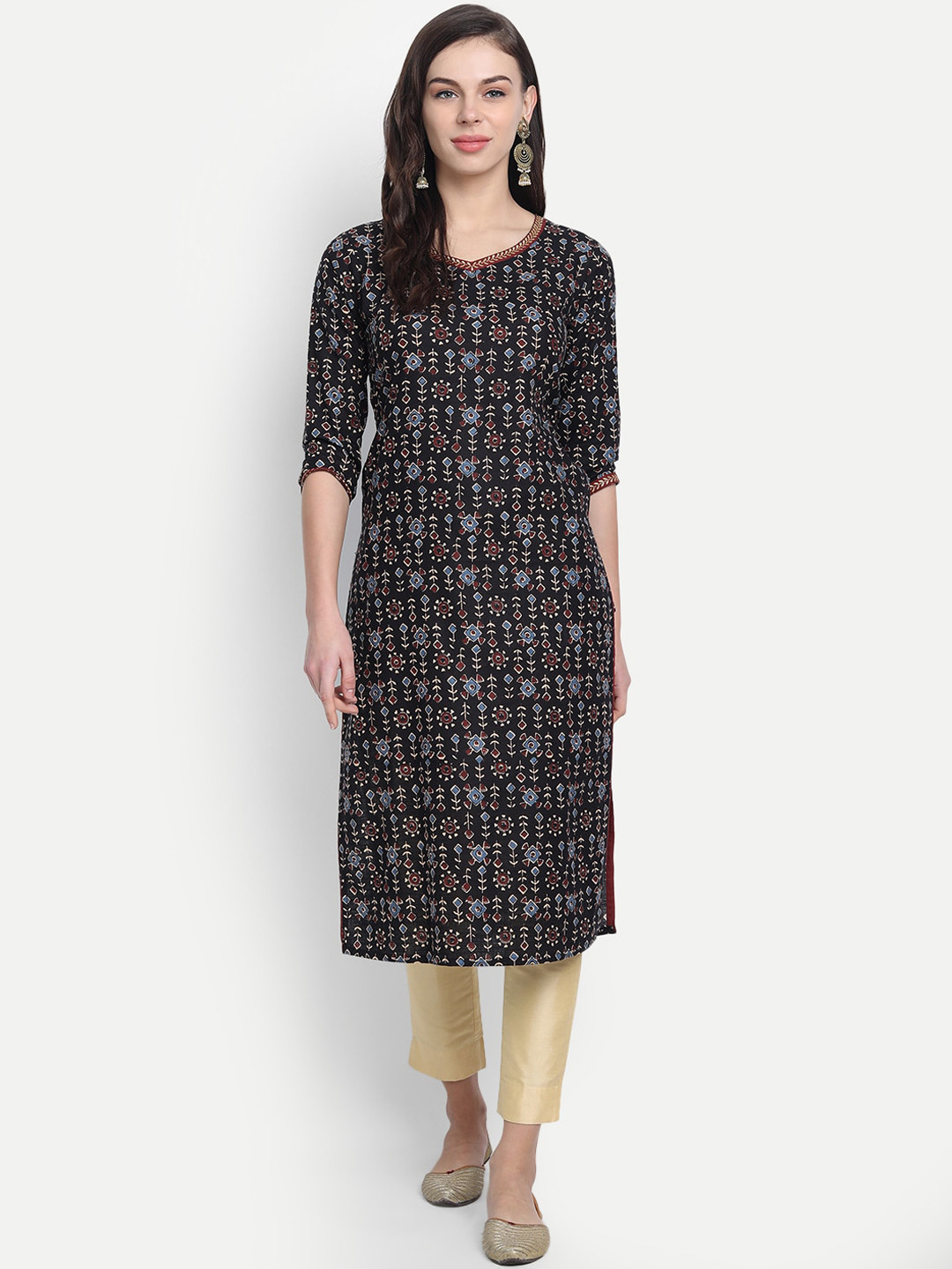 

fabGLOBAL Black Floral Printed Handloom Kurta